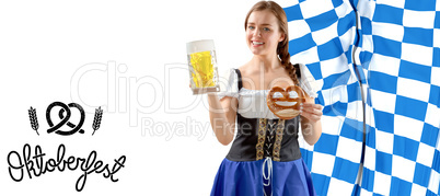 Composite image of oktoberfest girl holding beer and pretzel