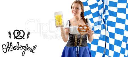 Composite image of oktoberfest girl holding beer and pretzel