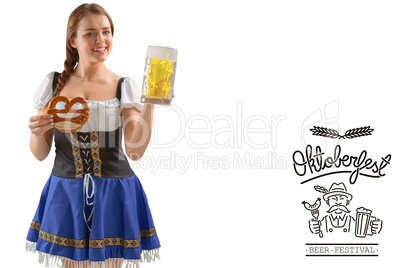 Composite image of oktoberfest girl holding beer and pretzel