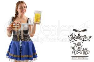 Composite image of oktoberfest girl holding beer and pretzel