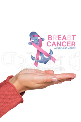 Composite image of woman holding out her hands