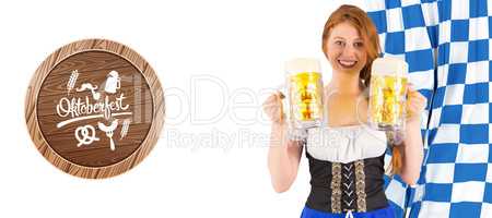 Composite image of oktoberfest girl holding jugs of beer