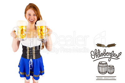 Composite image of oktoberfest girl holding jugs of beer