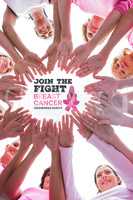 Composite image of happy women in circle wearing pink for breast