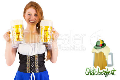 Composite image of oktoberfest girl holding jugs of beer