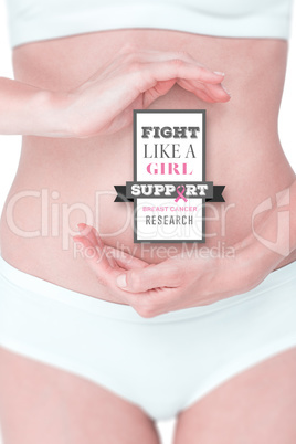 Composite image of woman with hands on belly