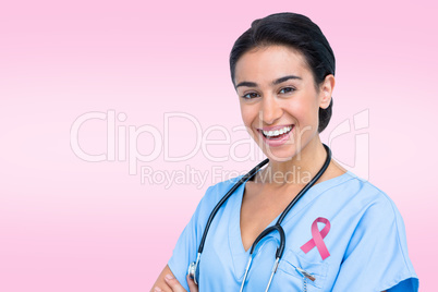 Composite image of portrait of smiling female doctor