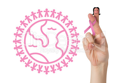 Composite image of crossed fingers with breast cancer ribbon