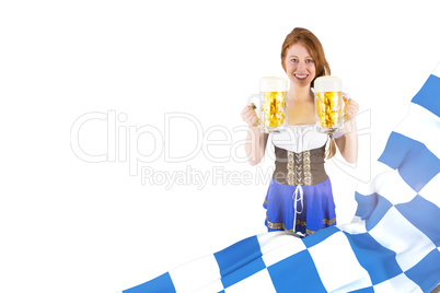 Composite image of oktoberfest girl holding jugs of beer