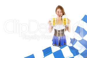 Composite image of oktoberfest girl holding jugs of beer