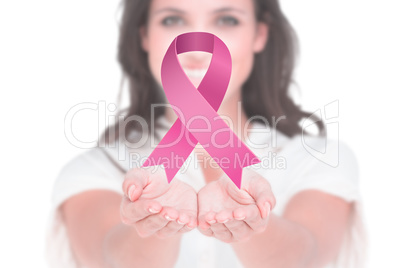 Composite image of pretty brunette with hands out