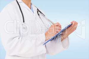Composite image of doctor writing on clipboard