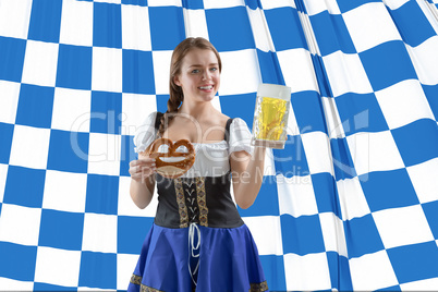 Composite image of oktoberfest girl holding beer and pretzel