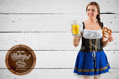 Composite image of oktoberfest girl holding beer and pretzel