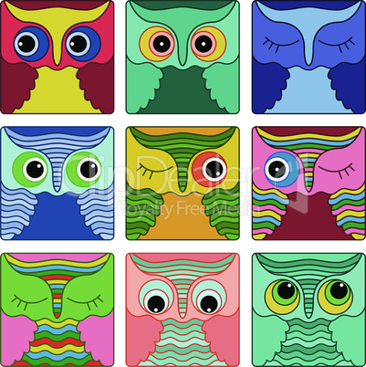 Nine amusing owl faces in square shapes