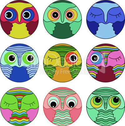 Nine amusing owl faces in a circle