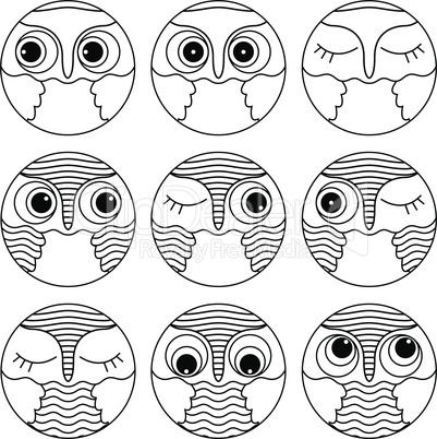 Nine outlines of owl faces in a circle