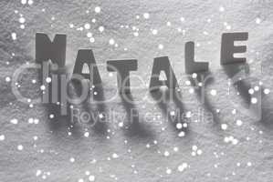 White Word Natale Mean Christmas On Snow, Snowflakes