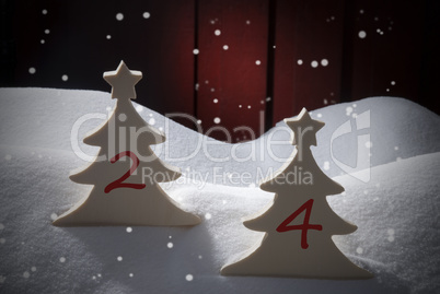 Two White Christmas Trees, Snow, Snowflakes, Numbers 2, 4