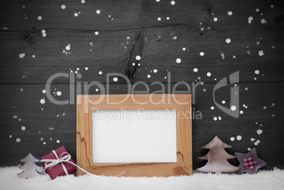 Gray Card With Frame And Red Decoration, Copy Space, Snow
