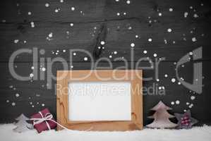 Gray Card With Frame And Red Decoration, Copy Space, Snow