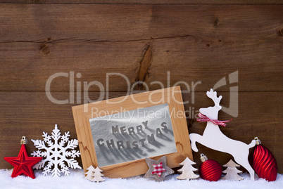 Red Christmas Card On Snow, Merry Christmas, Reindeer And Ball