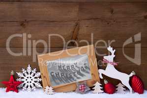 Red Christmas Card On Snow, Merry Christmas, Reindeer And Ball