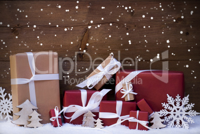 Red Christmas Gifts And Decoration With White Ribbon, Snowflakes