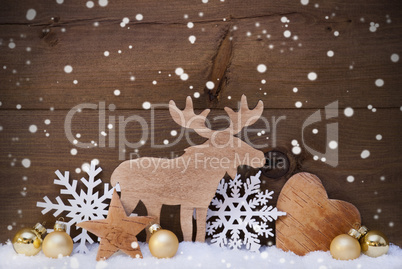 Golden Christmas Decoration, Snow, Moose, Hear, Snowflakes
