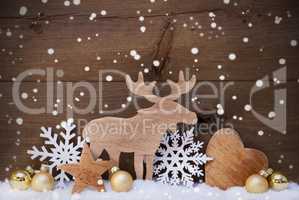 Golden Christmas Decoration, Snow, Moose, Hear, Snowflakes