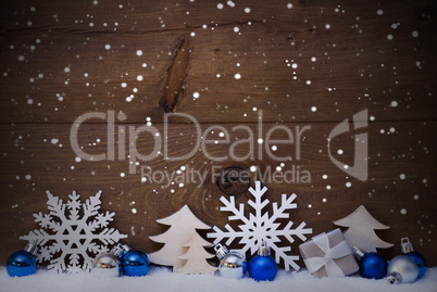 Blue Christmas Card With Decoration, Copy Space, Snowflake, Snow