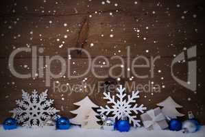 Blue Christmas Card With Decoration, Copy Space, Snowflake, Snow