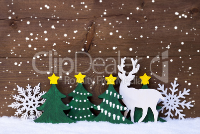 Christmas Decoration, Reindeer, Snow, Green Tree, Snowflakes