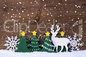Christmas Decoration, Reindeer, Snow, Green Tree, Snowflakes
