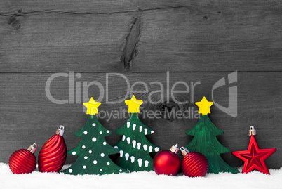 Gray Christmas Card With Green Trees And Red Balls, Snow
