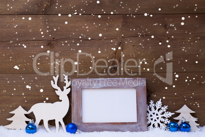 Christmas Card With Blue Decoration, Copy Space, Snow, Snowflake