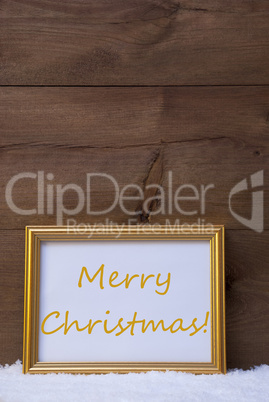 Golden Frame With Text Merry Christmas On Snow