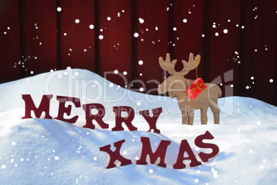 Christmas Card With Moose And Gift, Snow, Merry Xmas, Snowflakes