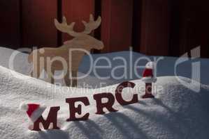 Christmas Card Moose, Snow, Merci Mean Thanks, Santa Hat