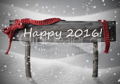 Gray Christmas Sign Happy 2016, Snow, Red Ribbon, Snowflakes