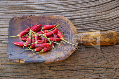 Kleine Chilischoten auf antiker Gewürzschaufel