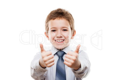 Smiling young businessman child boy gesturing thumb up success s