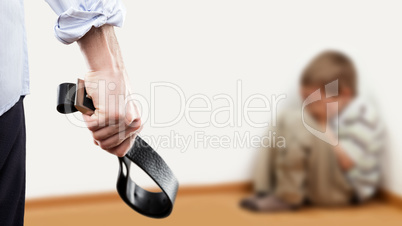 Angry man raised hand holding leather belt over wall corner sitt