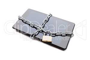 Chain link with padlock on smartphone or digital tablet computer