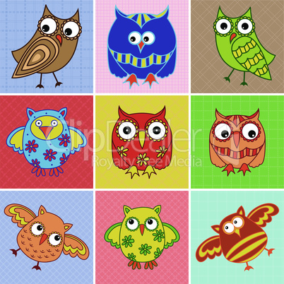 Nine amusing owls over square seamless patterns