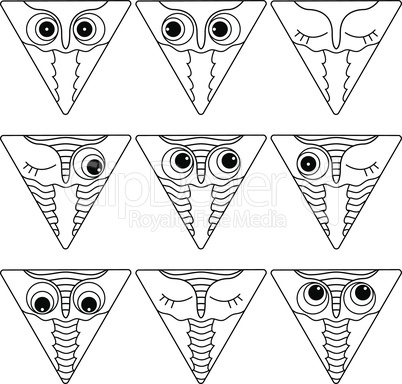 Nine outlines of owl faces in triangle shapes