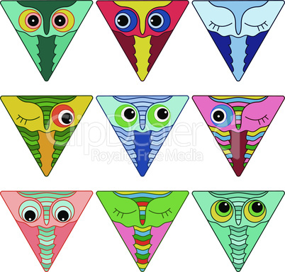 Nine amusing owl faces in triangle shapes