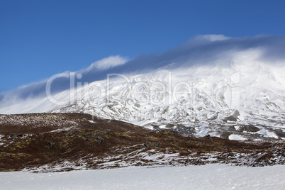 Snowy volcanic landscape at peninsula Snaefellsness, Iceland