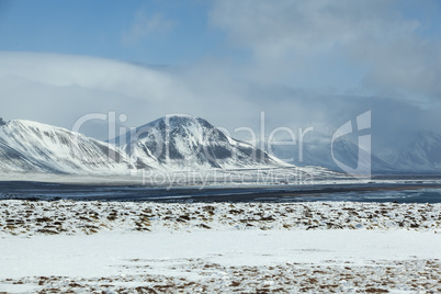 Snowy volcanic landscape at peninsula Snaefellsness, Iceland