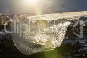 Ice blocks at glacier lagoon Jokulsarlon, Iceland in evening lig